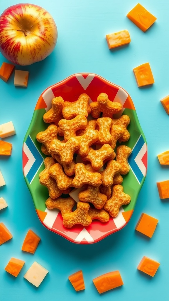 A bowl of homemade apple and carrot dog treats shaped like bones, surrounded by cheese and an apple