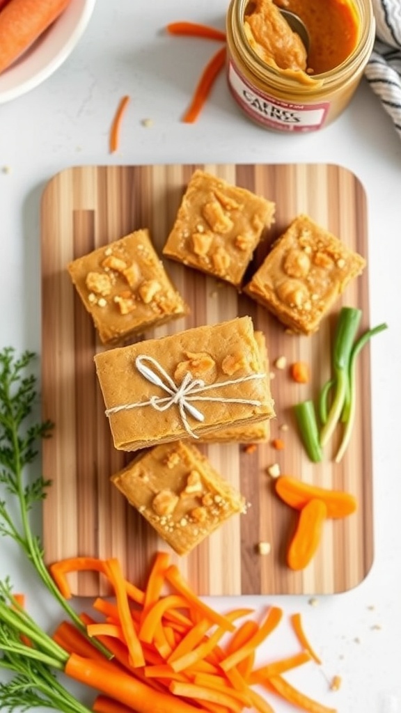 Carrot Peanut Butter Bars for dogs, displayed on a wooden board with carrots.