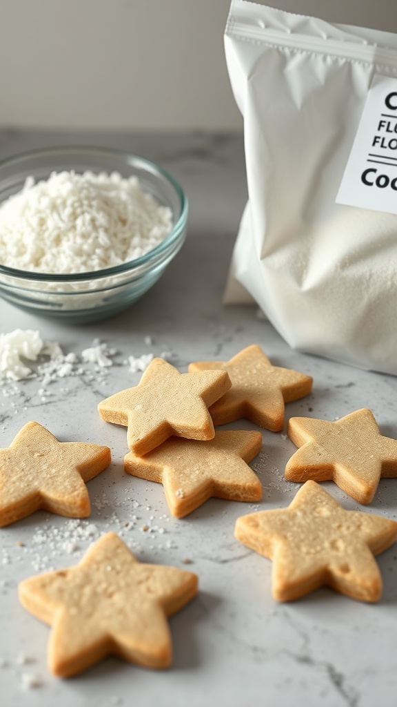 Coconut flour cookies shaped like stars on a marble surface