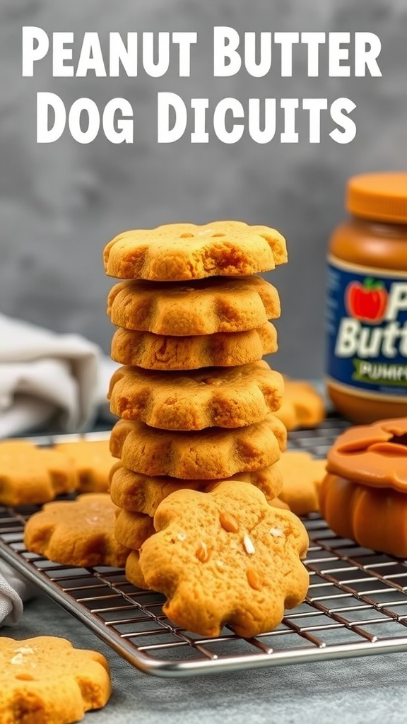 Peanut Butter and Pumpkin Dog Biscuits stacked on a cooling rack