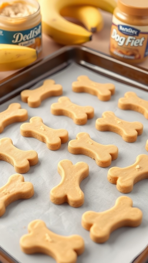 Homemade peanut butter banana dog treats shaped like bones.