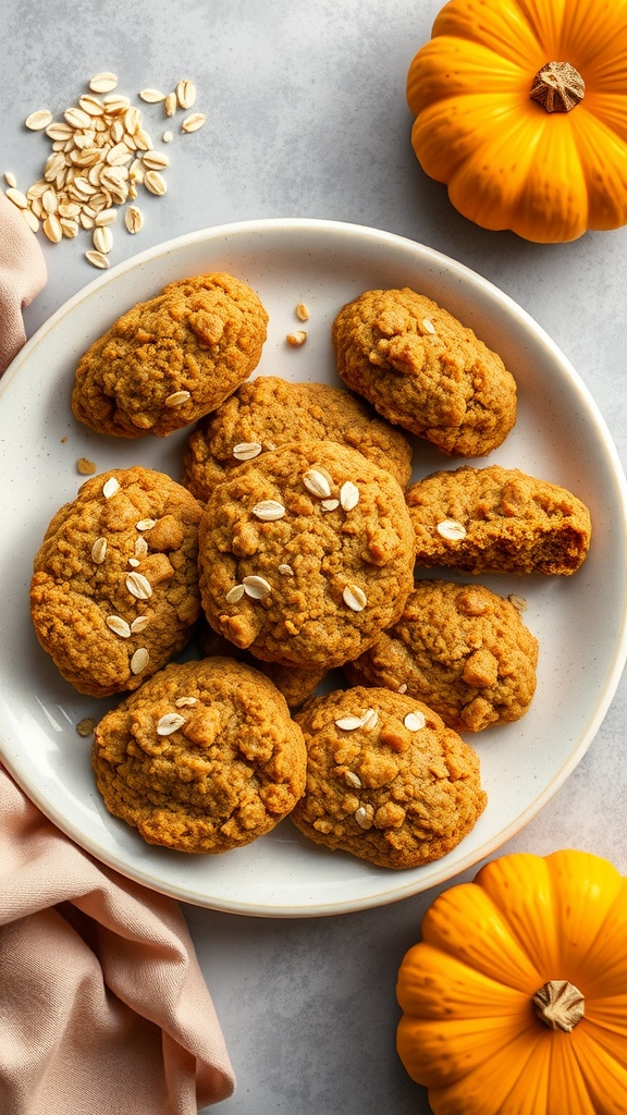 A plate of pumpkin oatmeal cookies for dogs, surrounded by pumpkins and oats.