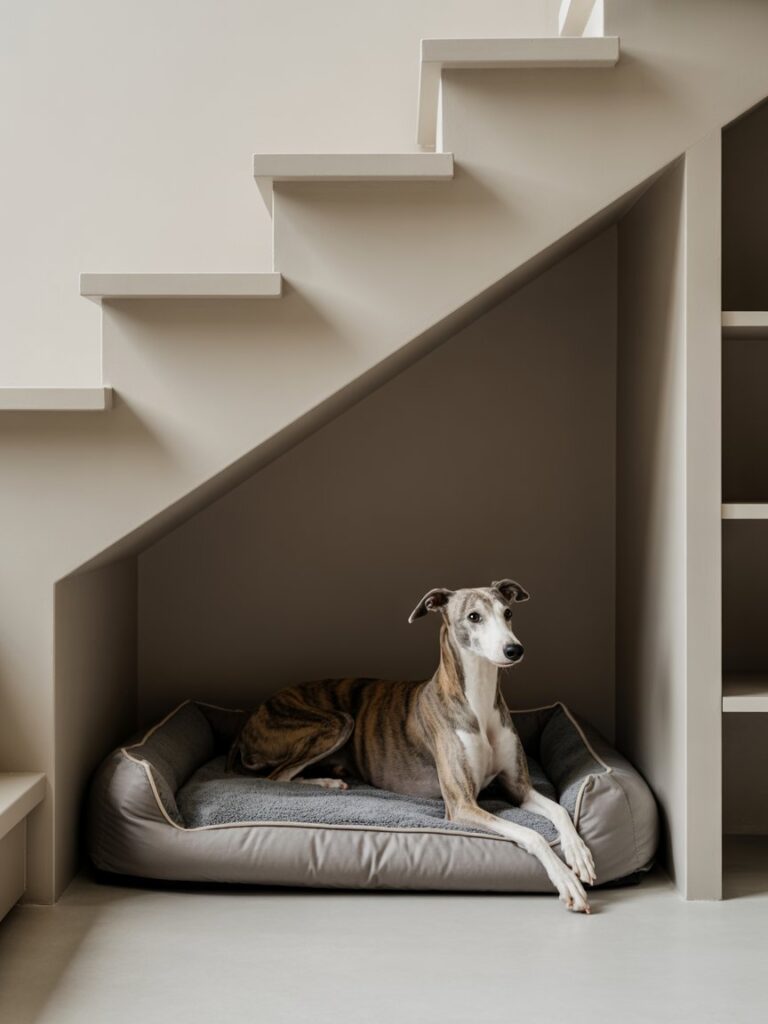 dog crate under stairs