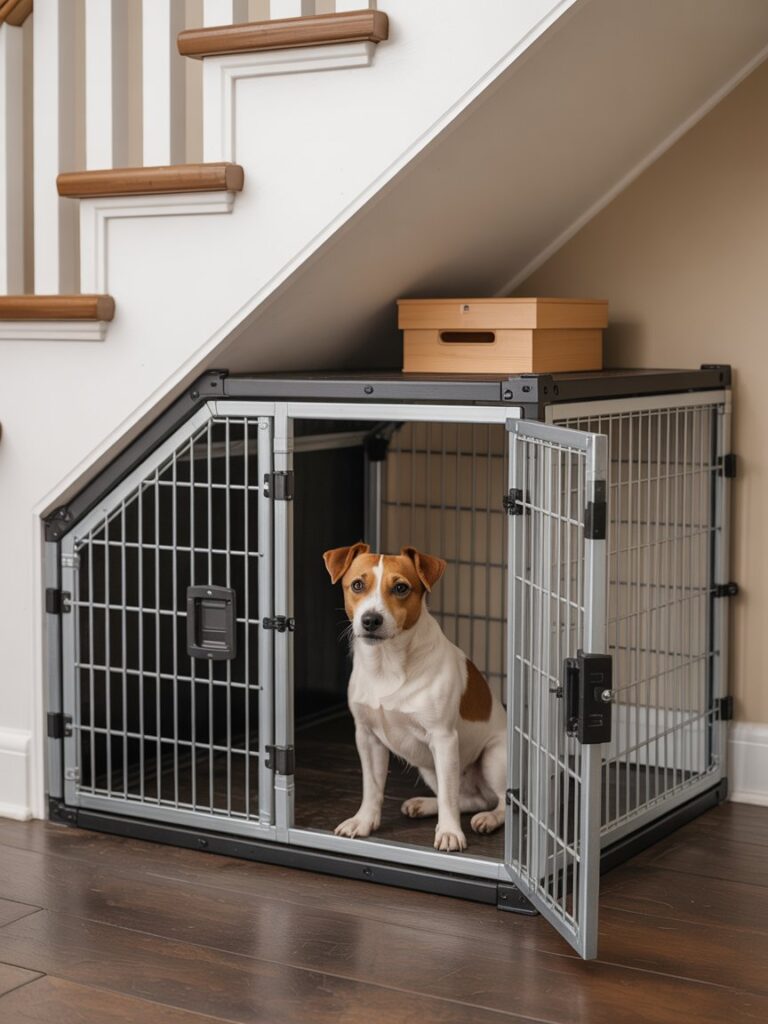 built in dog kennel under stairs