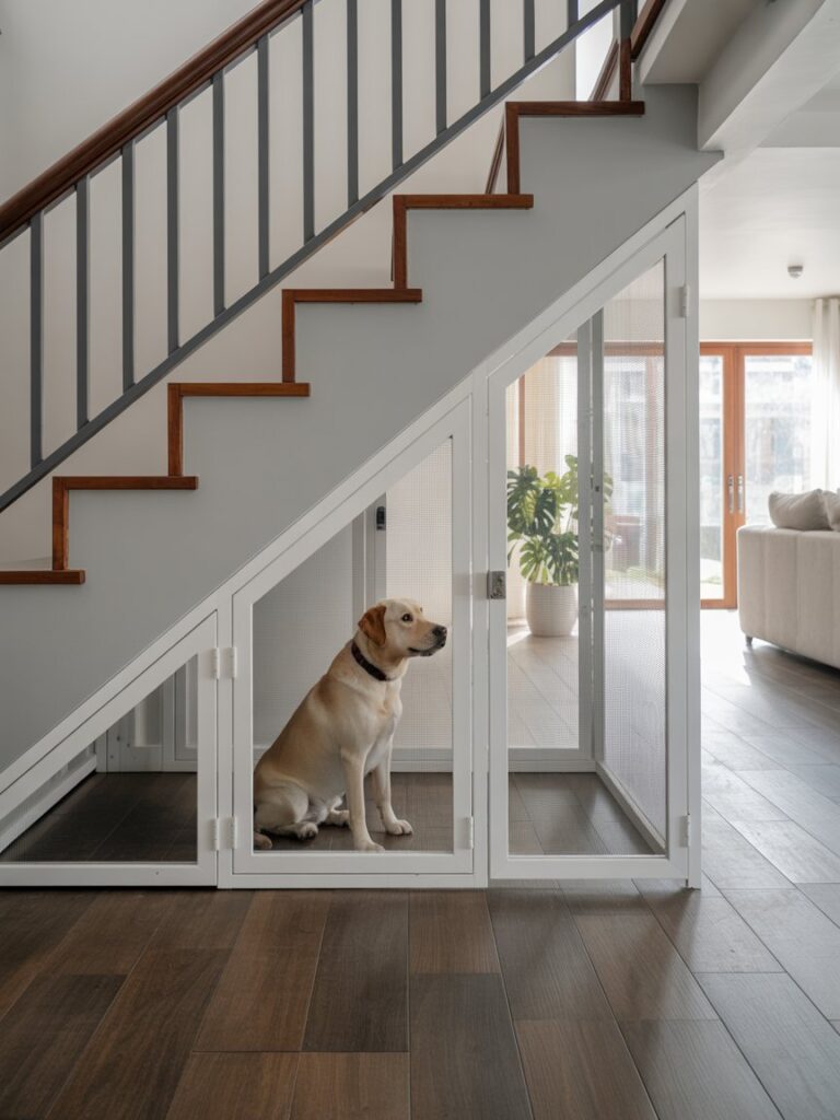 built in dog kennel under stairs