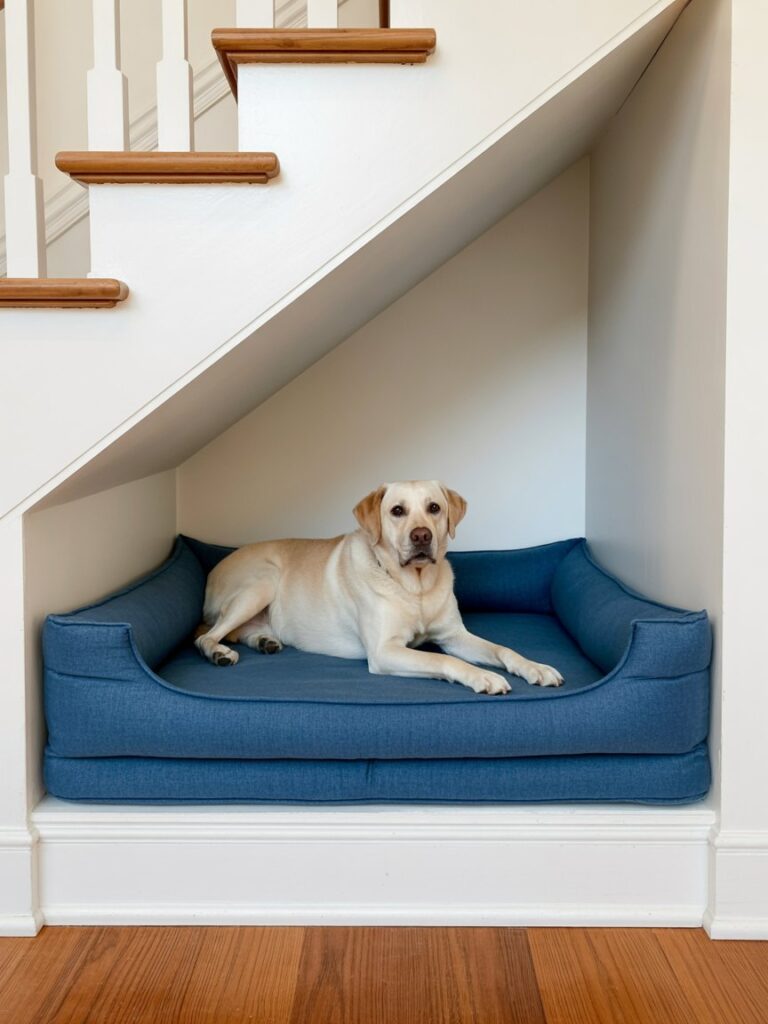 built in dog bed under stairs