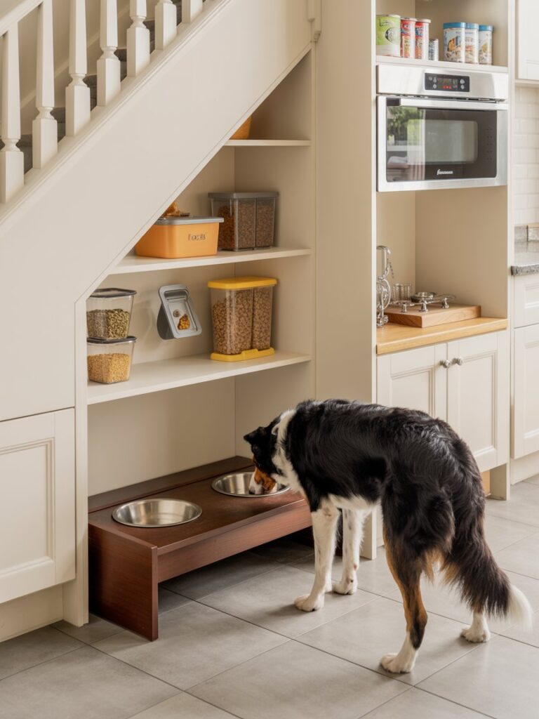 dog feeding station under stairs